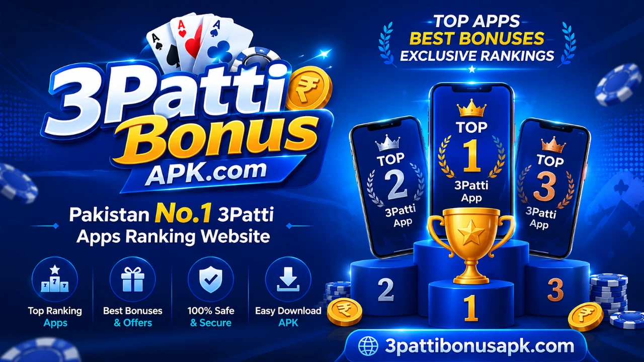 3 Patti Bonus APK home ribbon — bright blue and gold accents, abstract shapes, no operator logos.
